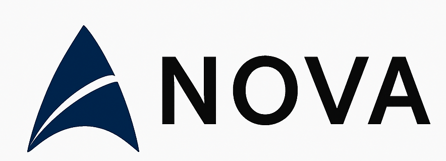 NOVA Strategic Research & Advisory logo - Navy blue triangular arrow symbol with bold NOVA text